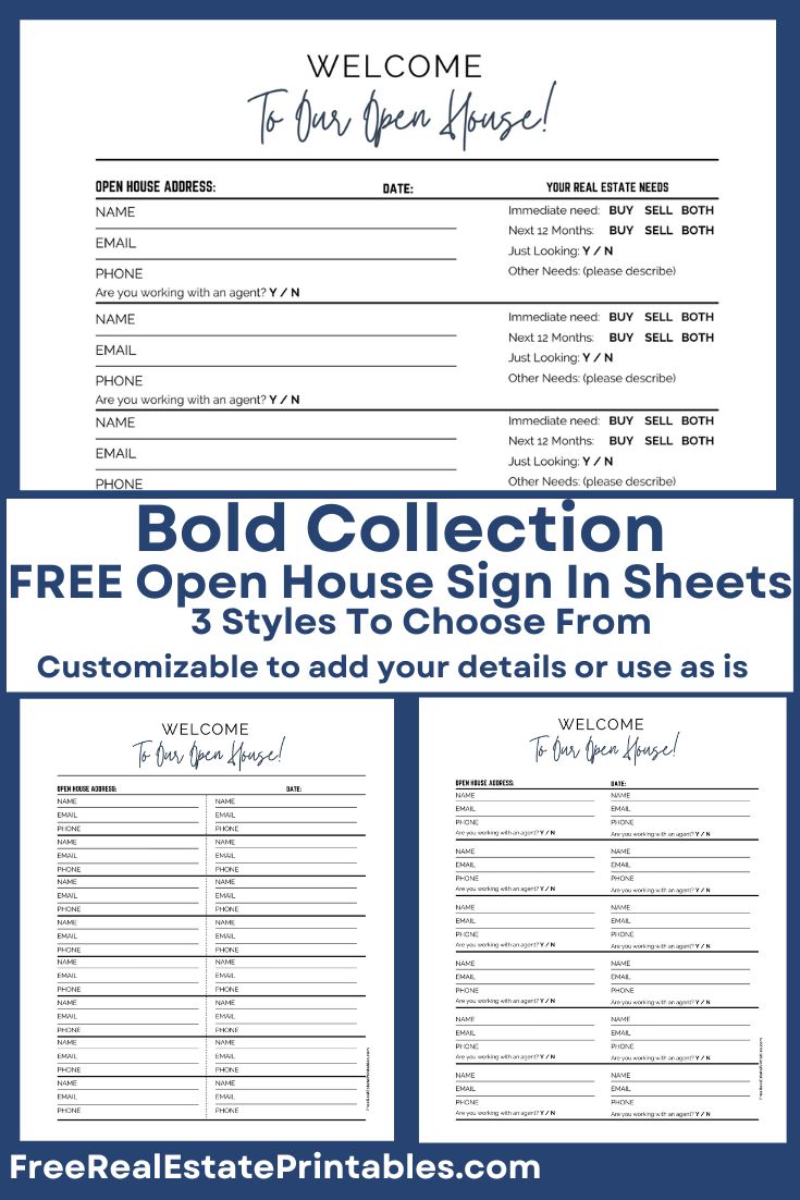 Looking to make a professional impression at your next open house? Look no further! Introducing our FREE editable Open House Sign-In Sheet. These are our signature BOLD collection designed with modern script and san serif fonts. It comes in three  options to suit your preferences based upon how much information you would like to collect. Whether you're an experienced real estate agent or a newbie, this versatile tool will elevate your open house experience! Edit in Canva to ad your contact information or use exactly as is. #FreeRealEstatePrintables, #RealEstateMarketing, #FreePrintables #openhousemarketing