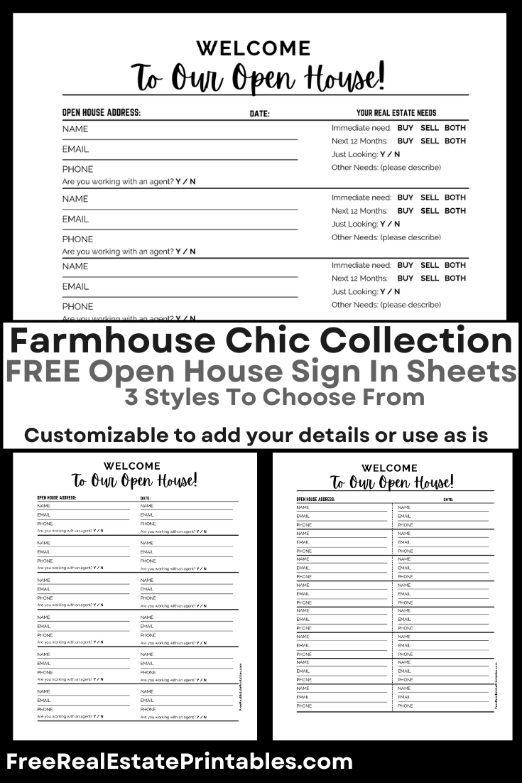 Free Open House Sign In Template in our Farmhouse Chic collection. It has a fun script font paired witha modern sans serif caps font. Don't miss out on this opportunity to streamline your open house process and leave a lasting impression on potential clients! Edit in canva or leave as is and download the pdf. 3 options to choose from based upon how much information you're looking to capture at your open house.  #DIYRealEstate #REalEstatePrintables #FreeRealEstatePrintables 