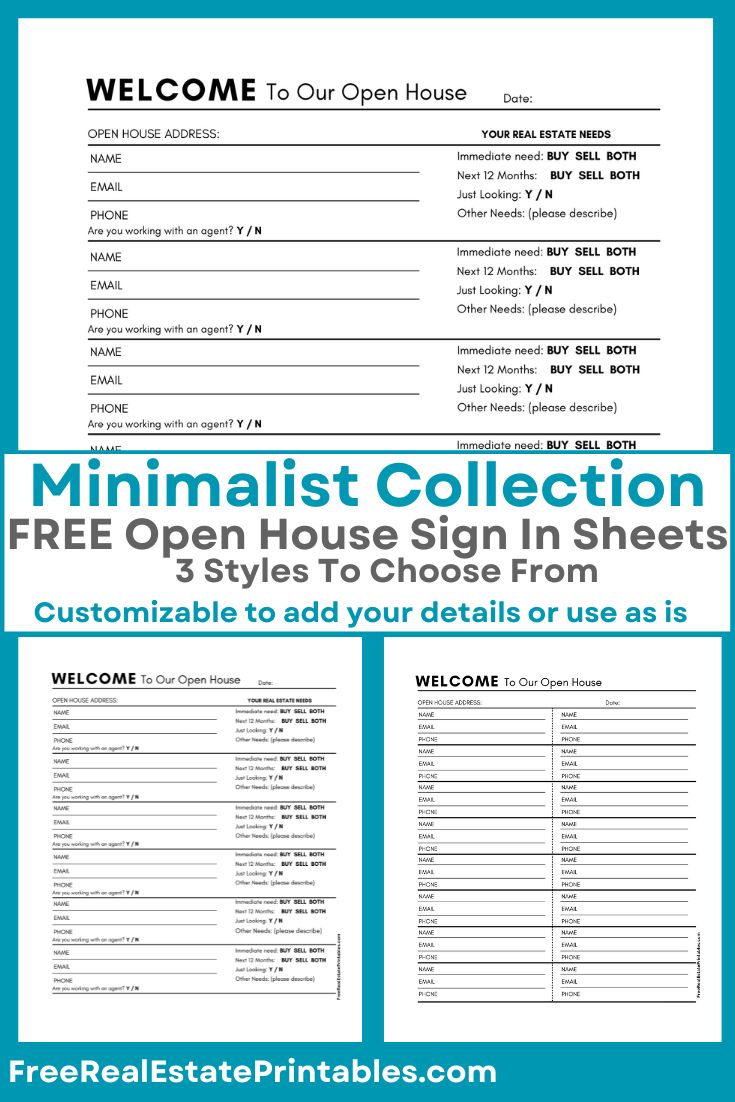 Free Open House Sign In Template in our Minimalist collection. Don't miss out on this opportunity to streamline your open house process and leave a lasting impression on potential clients! Edit in canva or leave as is and download the pdf. 3 options to choose from based upon how much information you're looking to capture at your open house.  #DIYRealEstate #REalEstatePrintables #FreeRealEstatePrintables 