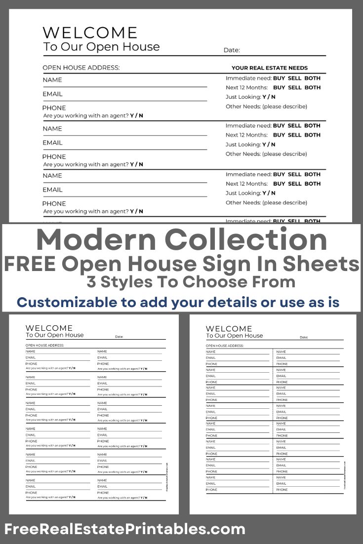 Modern collection free open house sign in sheet offering modern simple sands serif fonts in a choice of 3 clean layouts. These free sign-in sheets are editable in Canva, allowing you to customize them with your contact information, logo, or headshot to reinforce your brand identity. Or, if you prefer simplicity, you can instantly download the PDF version without any edits required! #FreeRealEstatePrintables, #RealEstateMarketing, #FreePrintables #openhousemarketing